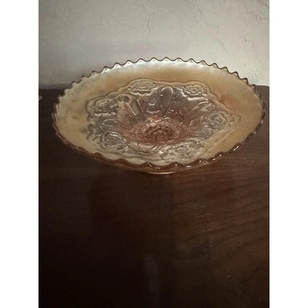 Antique Dugan Marigold Carnival Glass Double Stem Rose Ruffled Bowl 8.5 In